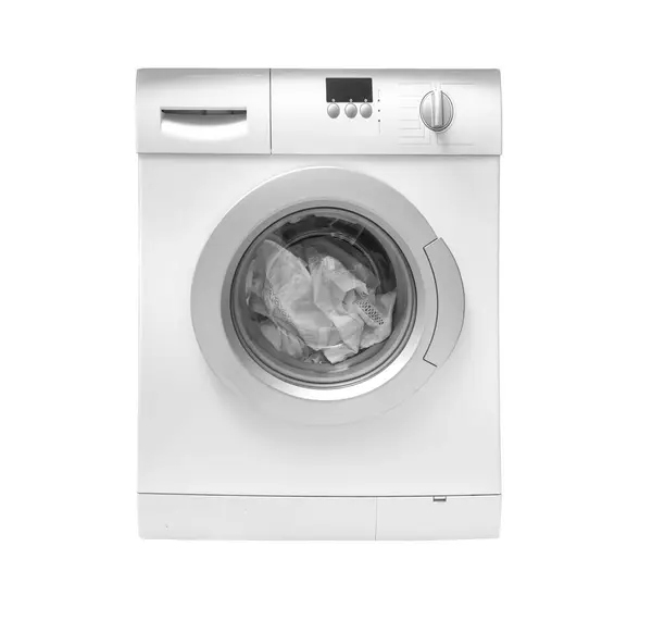 Pračka Prádlem Bubnu Bílém Pozadí — Stock fotografie