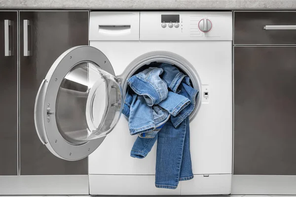 Washing Denim Items Washing Machine Delicate Cleaning — Stock Photo, Image