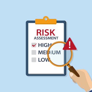 El ele tutuşma büyüteci ve ünlem işaretiyle risk değerlendirmesi veya tanımlama analizi