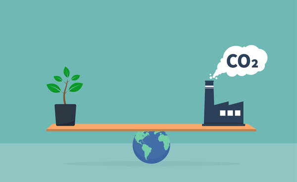 Carbon emission and clean energy concept, sustainable resources, concern about environmental issues, globe balancing between green plant and CO2 exhaust