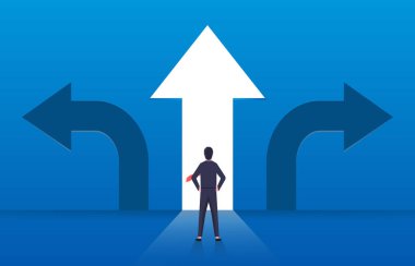 Choice and decision, businessman standing with arrows in three different directions, pathway selection dilemma