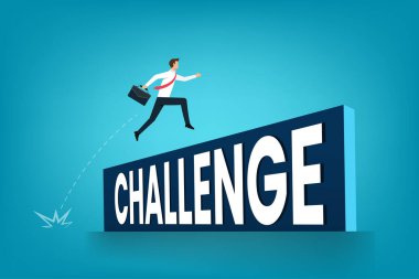 Overcome obstacles or motivation to solve problem and lead company achievement concept, confident businessman leader jump high over challenge wall,