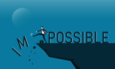 Businessman change impossible to possible text on top mountain, Business, success, challenge, motivation, achievement and goal concept.