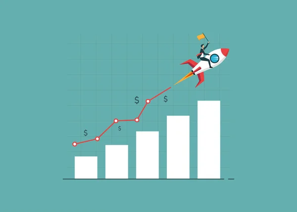 Üzletember Lovaglás Rakéta Növekedési Sáv Grafikonon Vagy Emelkedő Bevételi Táblázat — Stock Vector
