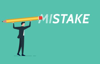 A man holds pencil with eraser is correcting mistakes, the ways move forward and make amends, erase the word mistake clipart