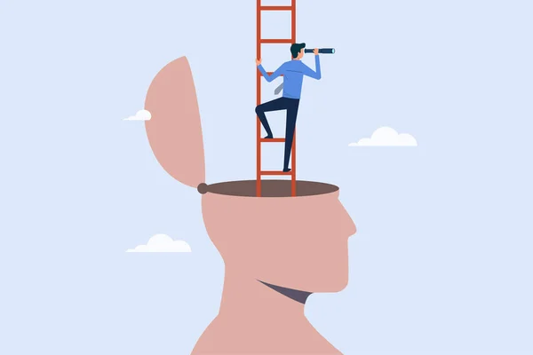 Growth Mindset Concept Motivation Success Businessman Climb Ladder Look Telescope — Stock Vector