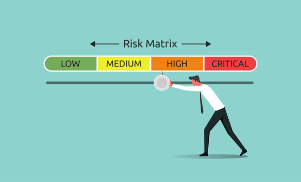 Risk matrix management with impact category low, medium, high and critical. Risk assessment and safety with businessman pushes risk indicator to low