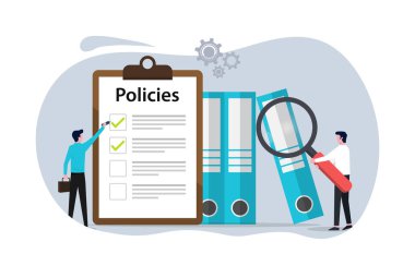Ofis çalışanlarının iş hedeflerine ulaşması için düzenleyici uyum kuralları kavramı. Ahlaki standartlar ve verimlilik. Poliçeler kontrol listesi olan yönetim kurulu şirketleri.