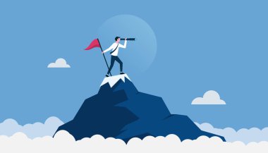 Uçurumun tepesinde duran bir iş adamı başarı için tek gözün içine bakıyor. iş konsepti hedef, görev, vizyon, kariyer yolu ve liderlik.