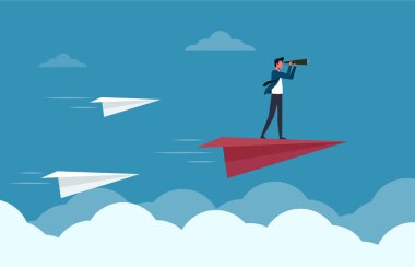İş liderliği konsepti. Kendinden emin iş adamı kağıt uçaklarda uçan dürbünle strateji çözümü tahmin ediyor. Başarı için takım çalışması, büyüme ve ilerleme