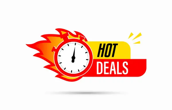 Hot Deals Stopwatch Icon Flat Promotion Fire Banner Price Tag Stock Illustration