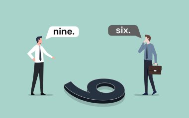 Six or Nine. Different answers from the perspective and point of view concept. Opposite view from two different people clipart