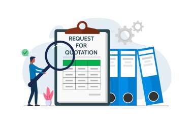 Teklif konsepti için teklif ya da davet talebi. Bazı projeleri tamamlamak için RFQ belgelerini kontrol eden bir adam
