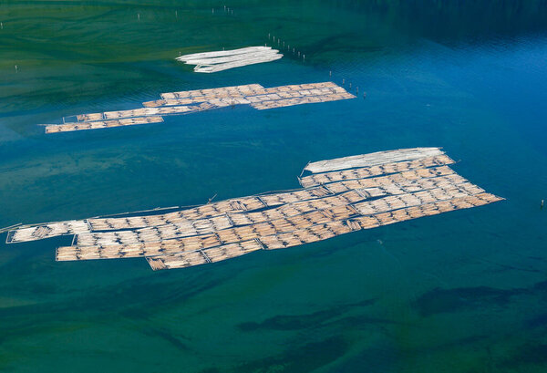 Aerial photograph of log booms in Cowichan Bay, Vancouver Island, British Columbia, Canada.