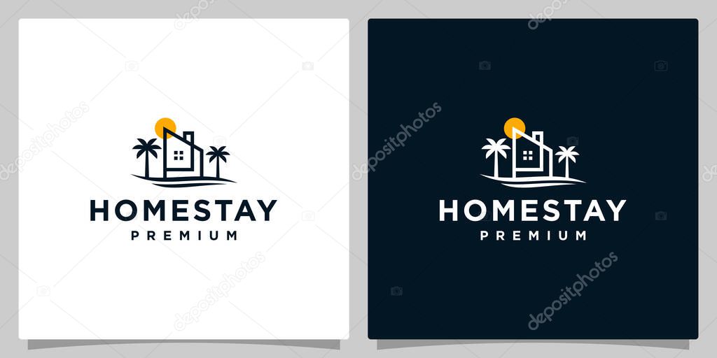 House logo design template with Tropical beach and palm tree design vector illustration. home stay or hotel icon, symbol, creative.
