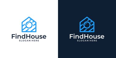 Çizgi logosu şablonu ve büyütme cam tasarım vektör çizimi olan ev binası. simge, sembol, yaratıcı.