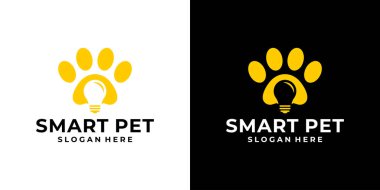 Pet paw logo tasarım şablonu ve ampul tasarım vektör çizimi. Sembol hayvanı akıllı, ikon, yaratıcı.