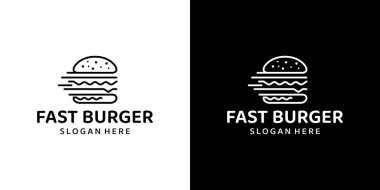 Çizgi logolu hamburger ve hız grafik tasarımı. Fast food sembolü kavramı siyah ve beyaz arkaplan grafik tasarım vektörü illüstrasyonunda izole edildi.