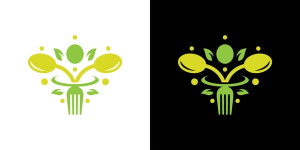 Gesunde Ernährung Logo Design Mit Löffel Gabel Und Blatt Design — Stockvektor