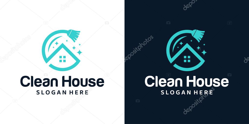 Home Cleaning logo design template with clean broom and house building design graphic vector illustration. Symbol, icon, creative.