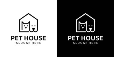 Evcil hayvan evi logosu tasarım şablonu. Ev çizgisi grafik çizimi çizimi olan kedi ve köpek. Sembol, ikon, yaratıcı.