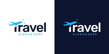 Seyahat acentesinin logo tasarım şablonu. Uçak tasarımı grafik çizim çizelgesi ile logo kelime dağılımı. Sembol, ikon, yaratıcı.