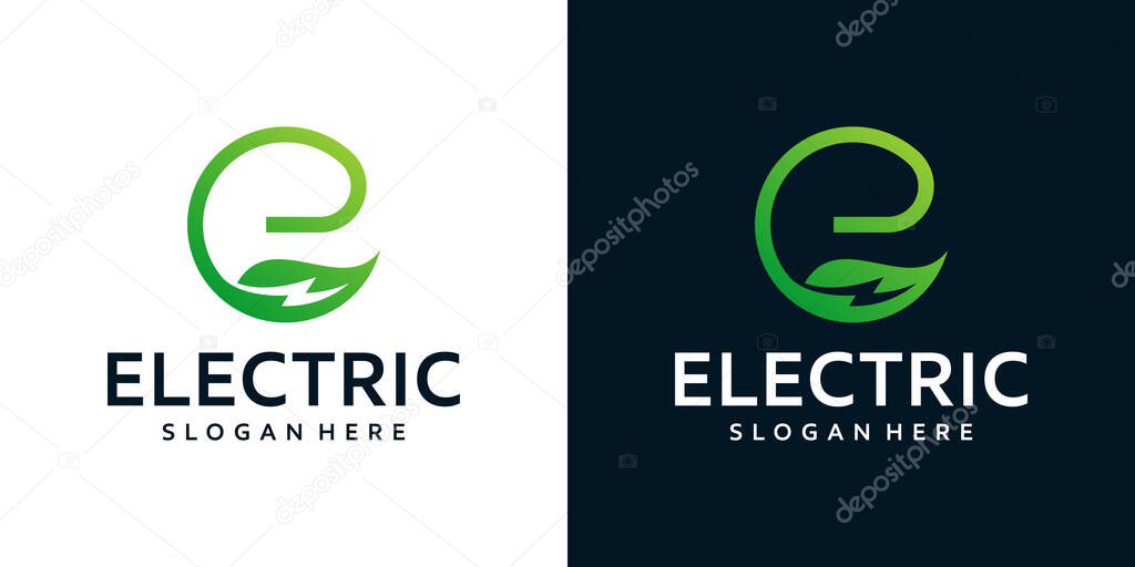 Electric logo design template. Initial letter E with nature leaf and lightning design graphic vector illustration. Symbol, icon, creative.