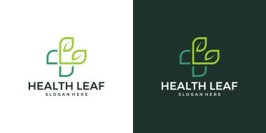 Tıbbi eczane logosu tasarım şablonu. Çapraz semboller, doğa yaprağı tasarımı, grafik vektör çizimi. Sembol, ikon, yaratıcı.