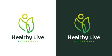 Sağlıklı yaşam tasarım şablonu. Mutlu insanlarla yaprak grafik tasarım vektör çizimi. Sembol, ikon, yaratıcı.