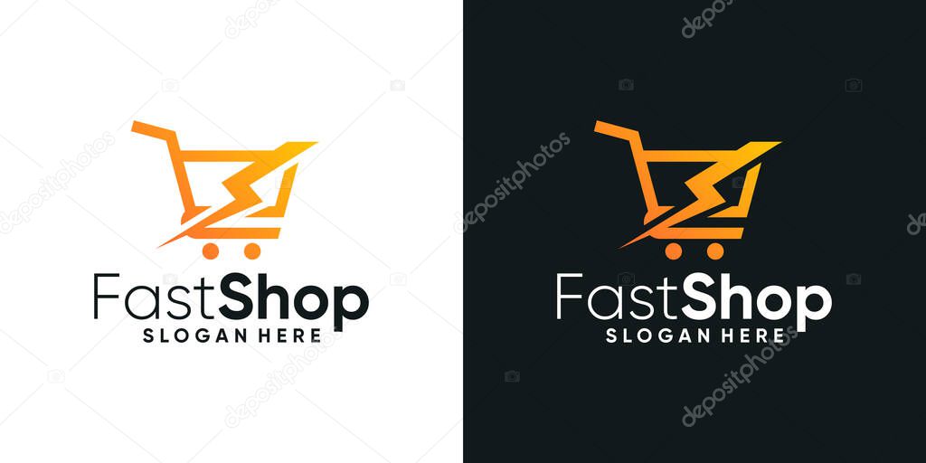 Fast shopping logo design template. Shopping cart logo with lightning bolt graphic design vector. Symbol, icon, creative.