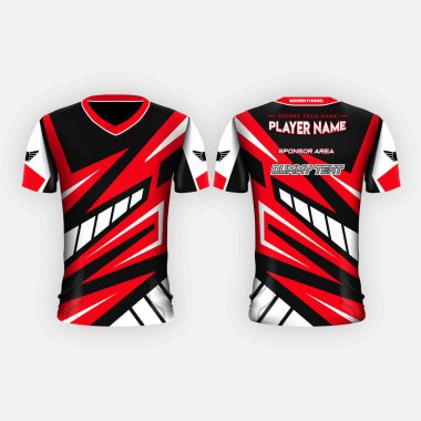 Spesifik Futbol Sporu, Esport Gaaming T-Shirt şablonu. Üniforma giy. Sahte logolu vektör tasarım şablonu.