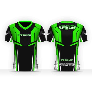 Spesifik Futbol Sporu, Esport Gaaming T-Shirt şablonu. Üniforma giy. Sahte logolu vektör tasarım şablonu.