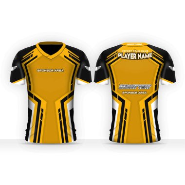Spesifik Futbol Sporu, Esport Gaaming T-Shirt şablonu. Üniforma giy. Sahte logolu vektör tasarım şablonu.