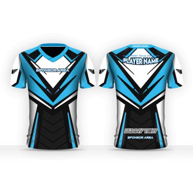 Spesifik Futbol Sporu, Esport Gaaming T-Shirt şablonu. Üniforma giy. Sahte logolu vektör tasarım şablonu.