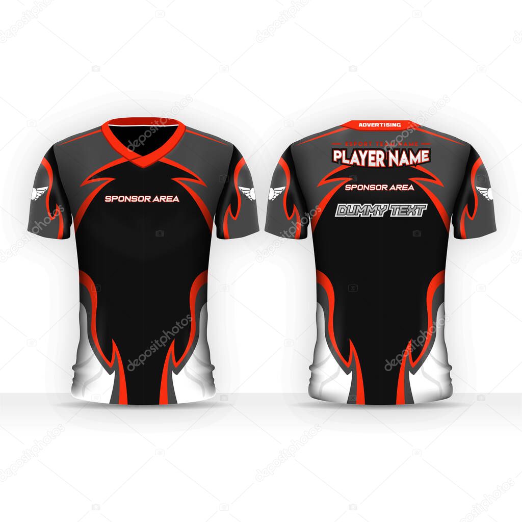 Specification Soccer Sport, Esport Gaming T Shirt Jersey template. mock up uniform. Vector Illustration design template with dummy logo.