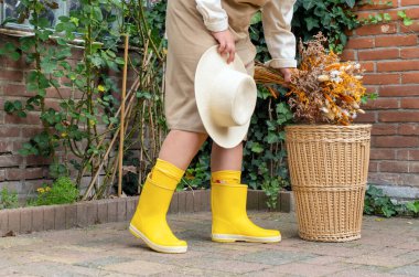 Sarı çizmeli Lags, sonbahar bahçesinde hasır sepetin yanında duruyor.