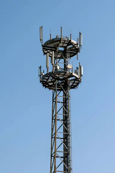 5G or 4G tower connection or station, internet, radar on the blue sky background.