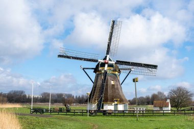 Hollanda Wooden Old Windmill, Westland, Blue Sky ve Green Grass, tipik Holland doğası..