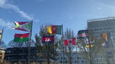 pek çok farklı ülkenin bayrağını taşıyan geçit töreni Dünya Forumu Lahey Hollanda Vlaggengeçidi Den Haag 