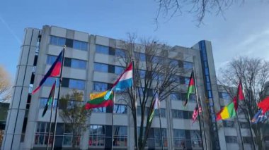 Farklı ülkelerin bayraklarının olduğu bir sokak ya da sokak. Hollanda 'nın Lahey kentinde düzenlenen Dünya Forumu yakınlarındaki bayraklar geçidi.