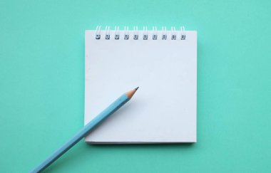 Masa yeşil pastel arka planda beyaz spiral bir not defterine bir kalem yerleştirin. Eğitim ve iş konsepti. Okul malzemeleri ve ofis işleri.