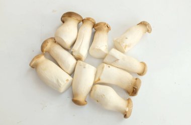 Beyaz arka planda taze çiğ Kral istiridyesi, Eryngii mantarı veya (Pleurotus eryngii) izole edilmiş. Tom Yum çorbası, vejetaryen yemeği ve sağlıklı yemek için sebzeler.