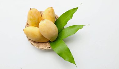 Üst ve düz bir bambu sepeti içinde olgun sarı mango, sarı mango, sarı mango, altın nam dok mai mango, barakuda mango (mangifera indica) kral beyaz arka planda izole edilmiş bambu sepetinde yatıyor.