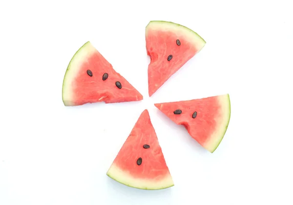 Scheibe Reife Wassermelone Citrullus Lanatus Dreiecke Isolieren Auf Weißem Rückseite — Stockfoto
