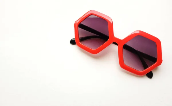 Close Red Pentagon Shape Sunglasses Isolate White Background — Stock Photo, Image