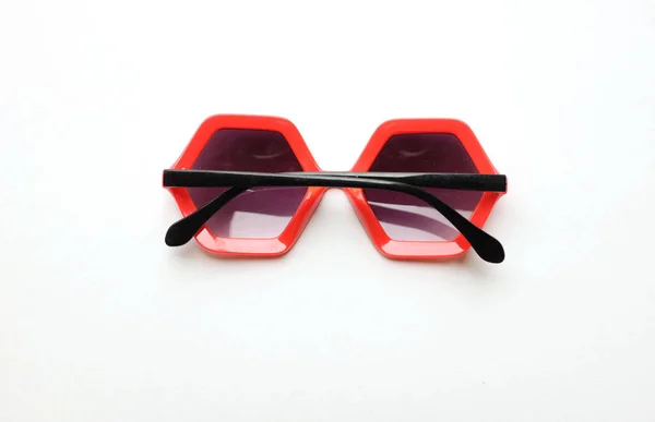 Close Red Pentagon Shape Sunglasses Isolate White Background — Stock Photo, Image