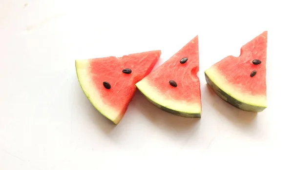 Slice Ripe Watermelon Citrullus Lanatus Triangles Isolate White Backdrop Top — Stock Photo, Image