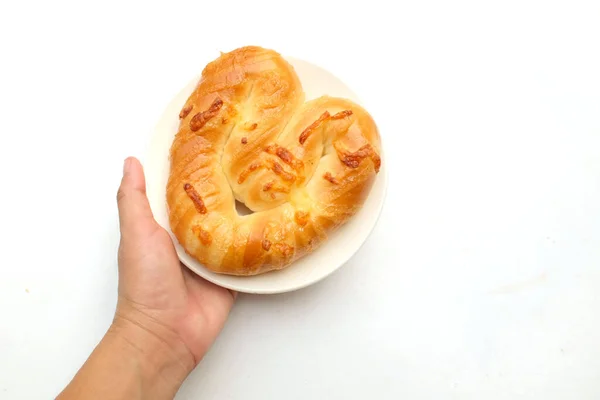 Frau Hand Hält Eine Leckere Hausgemachte Ein Brot Frisch Gebacken — Stockfoto