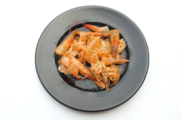 Crevettes Coquille Crevettes Ferraille Nourriture Dans Plaque Noire Après Avoir — Photo