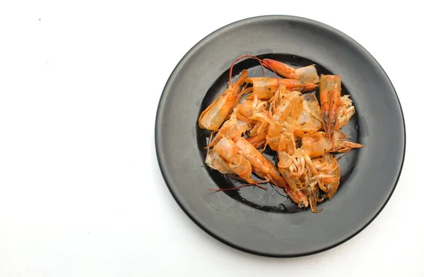 Crevettes Coquille Crevettes Ferraille Nourriture Dans Plaque Noire Après Avoir — Photo